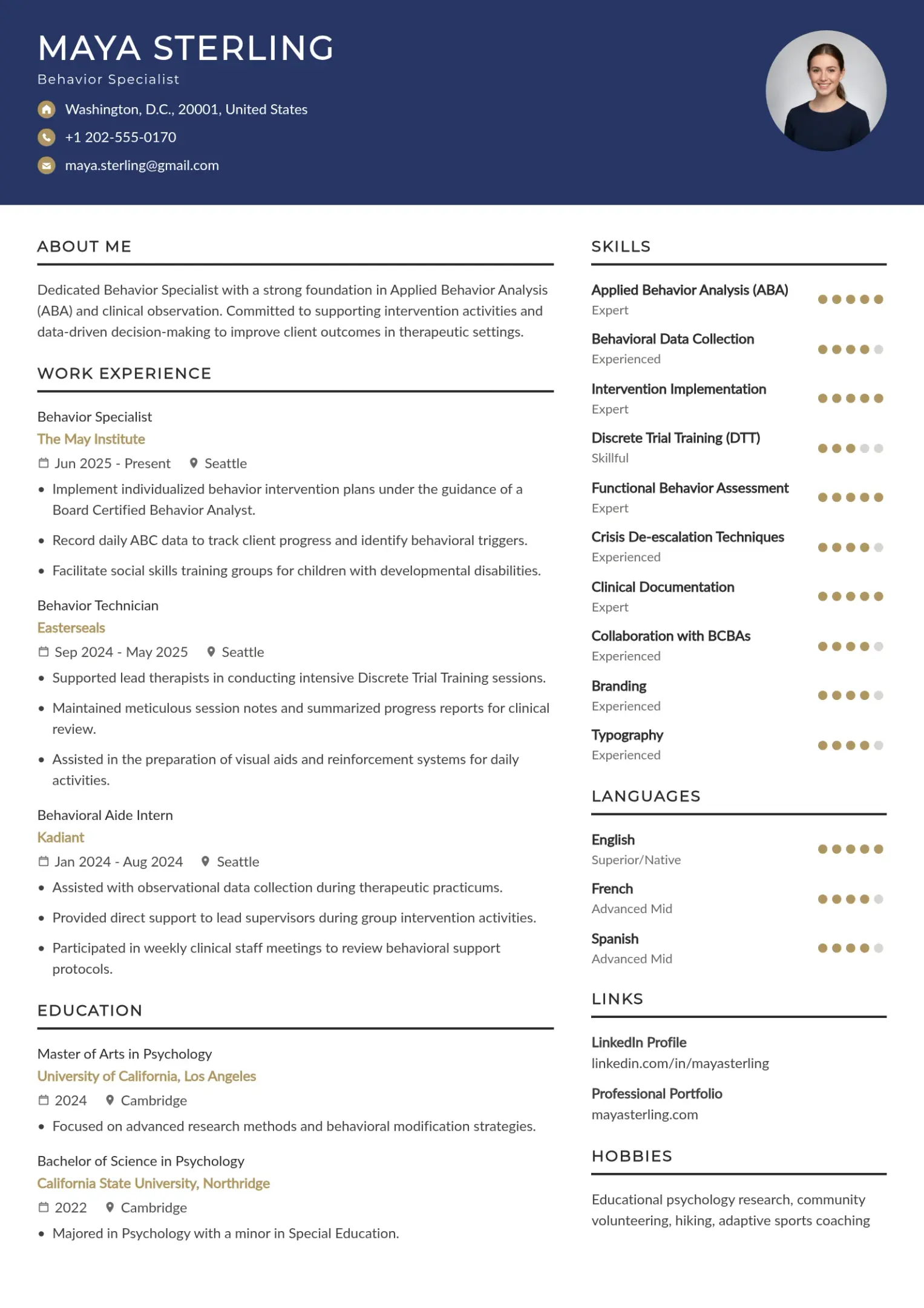 Entry-Level Behavior Specialist Resume Example