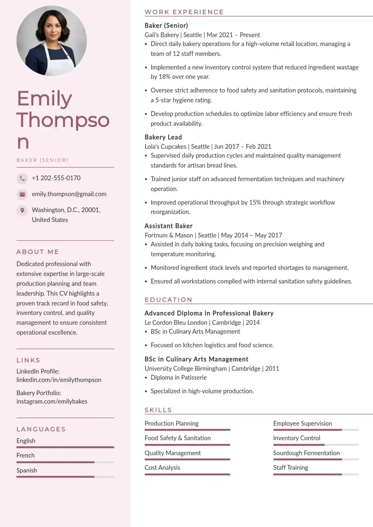 Experienced Bakery Supervisor Resume Example