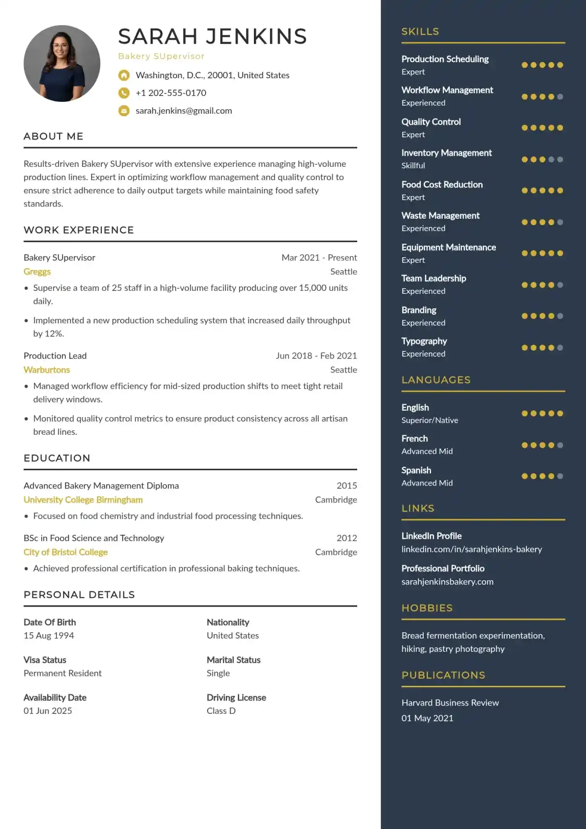 Retail Bakery Supervisor Resume Example