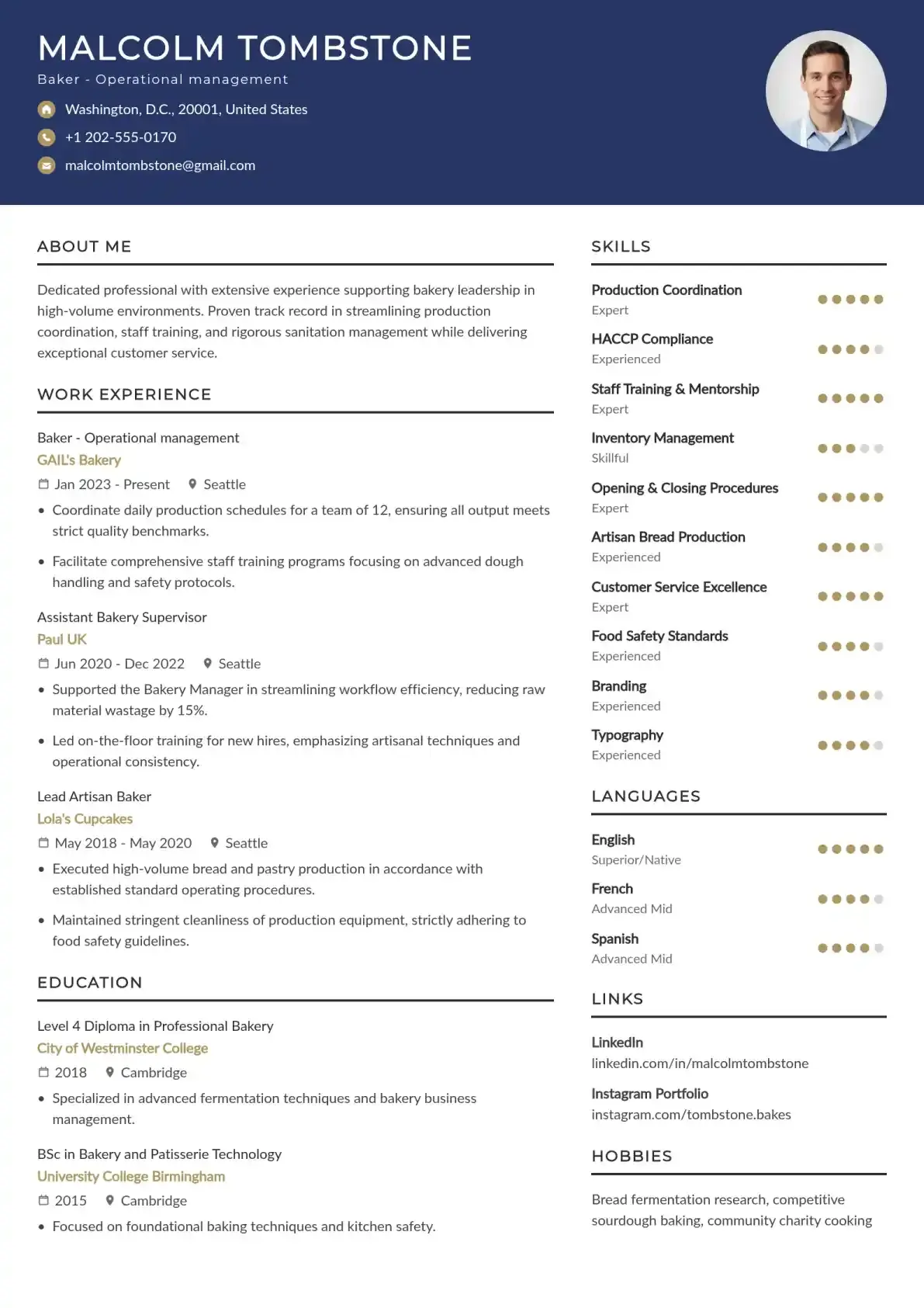 Assistant Bakery Supervisor Resume Example