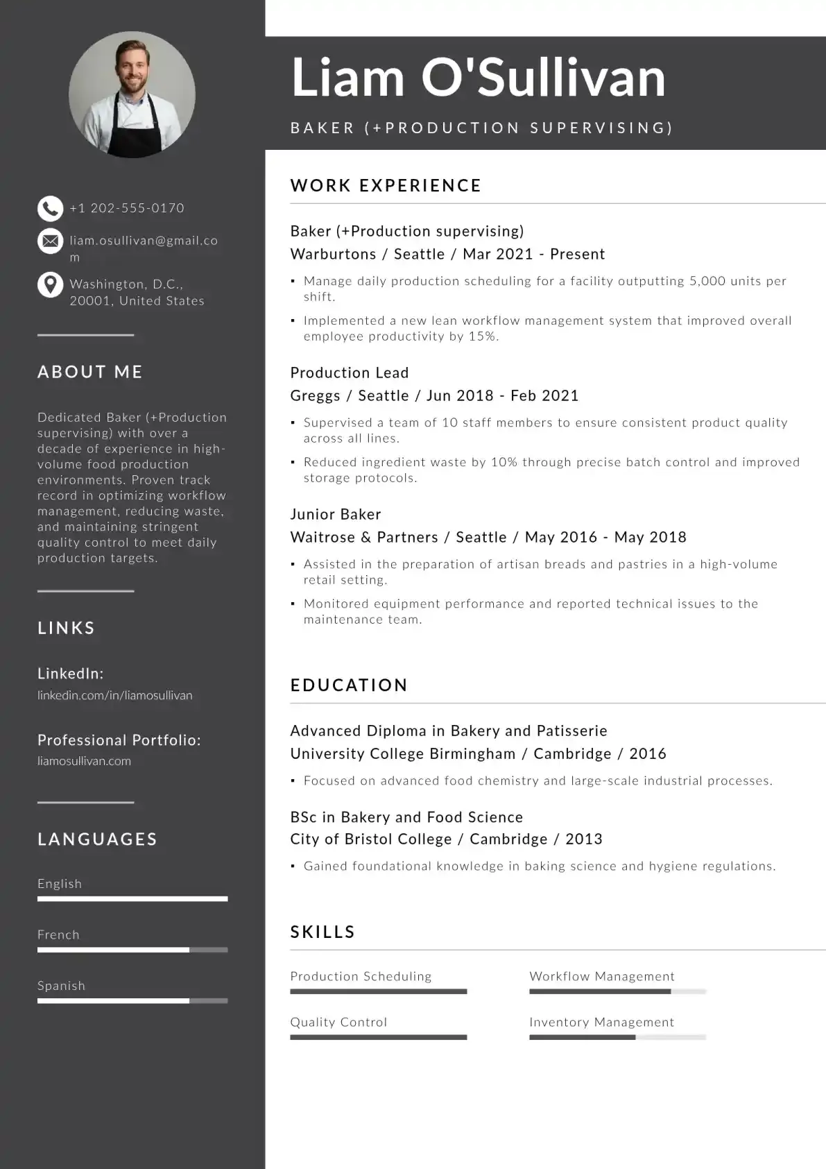Bakery Production Supervisor Resume Example