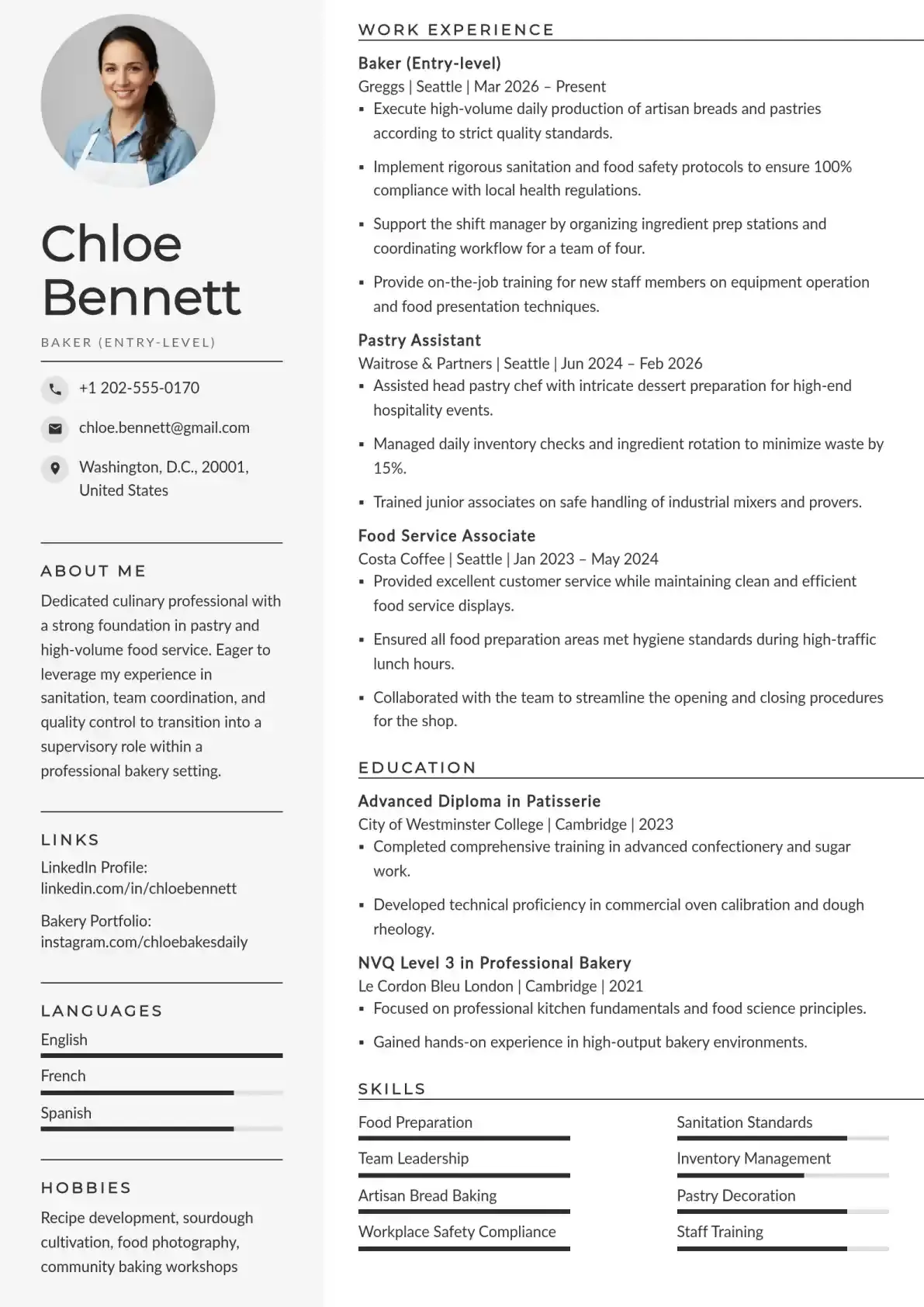 Entry-Level Bakery Supervisor Resume Example