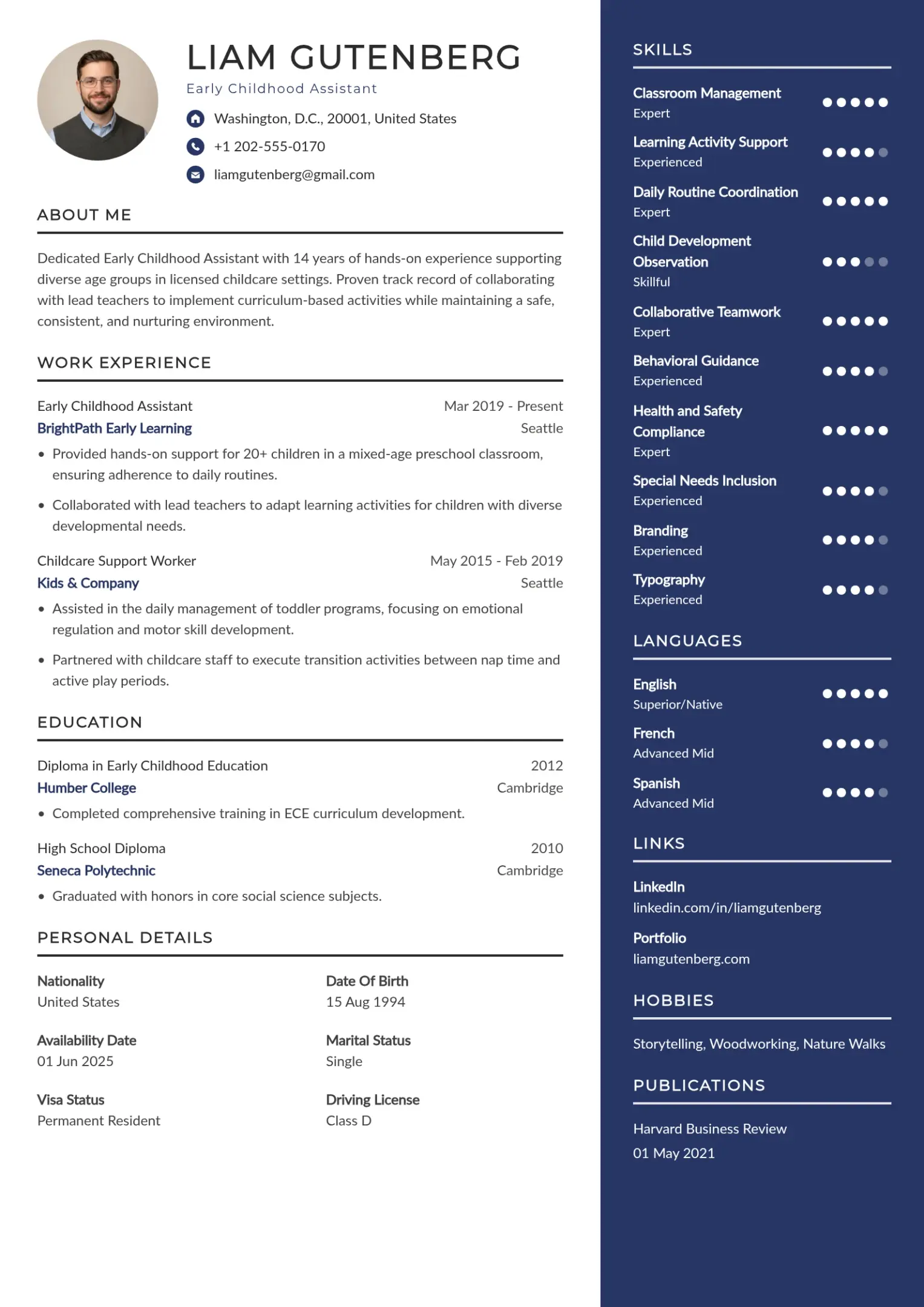 Experienced Early Childhood Assistant Resume Example