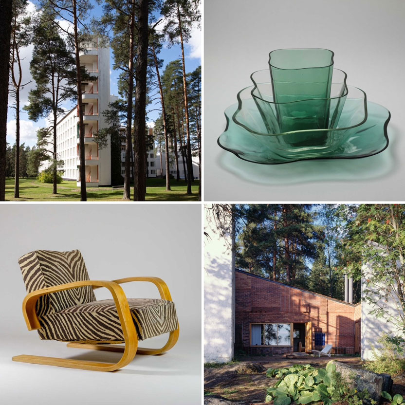 Bilden visar ett kollage av föremål och byggnader designade av Aalto