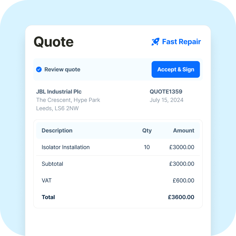 A quote form with details