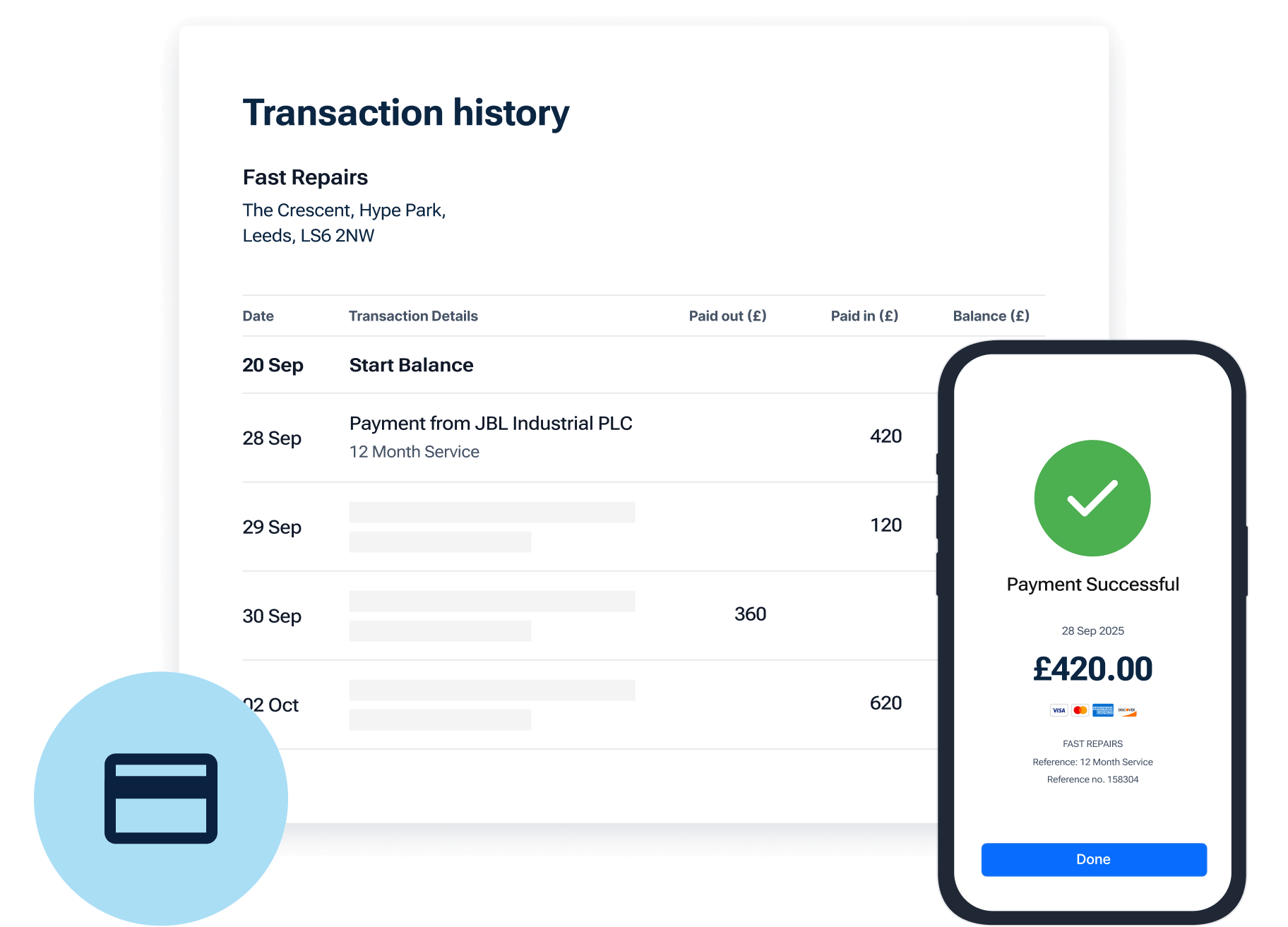 Payment confirmation showing transaction history