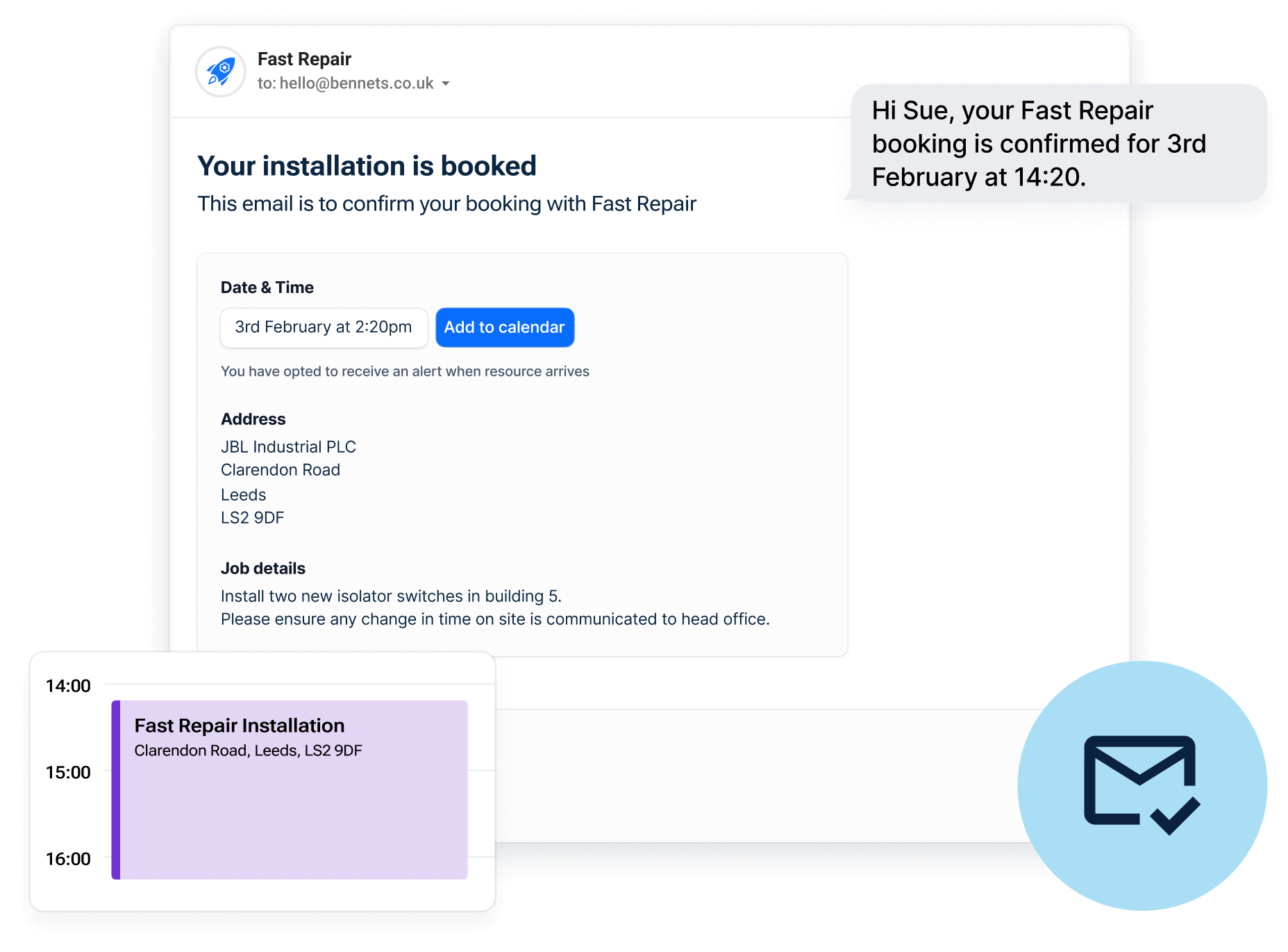 booking confirmation with date and times