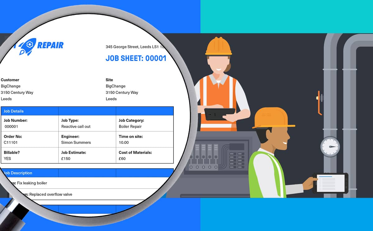 Job sheet template for field service engineers using a mobile app