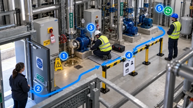 Workplace risk assessment checklist showing five steps for a field service team