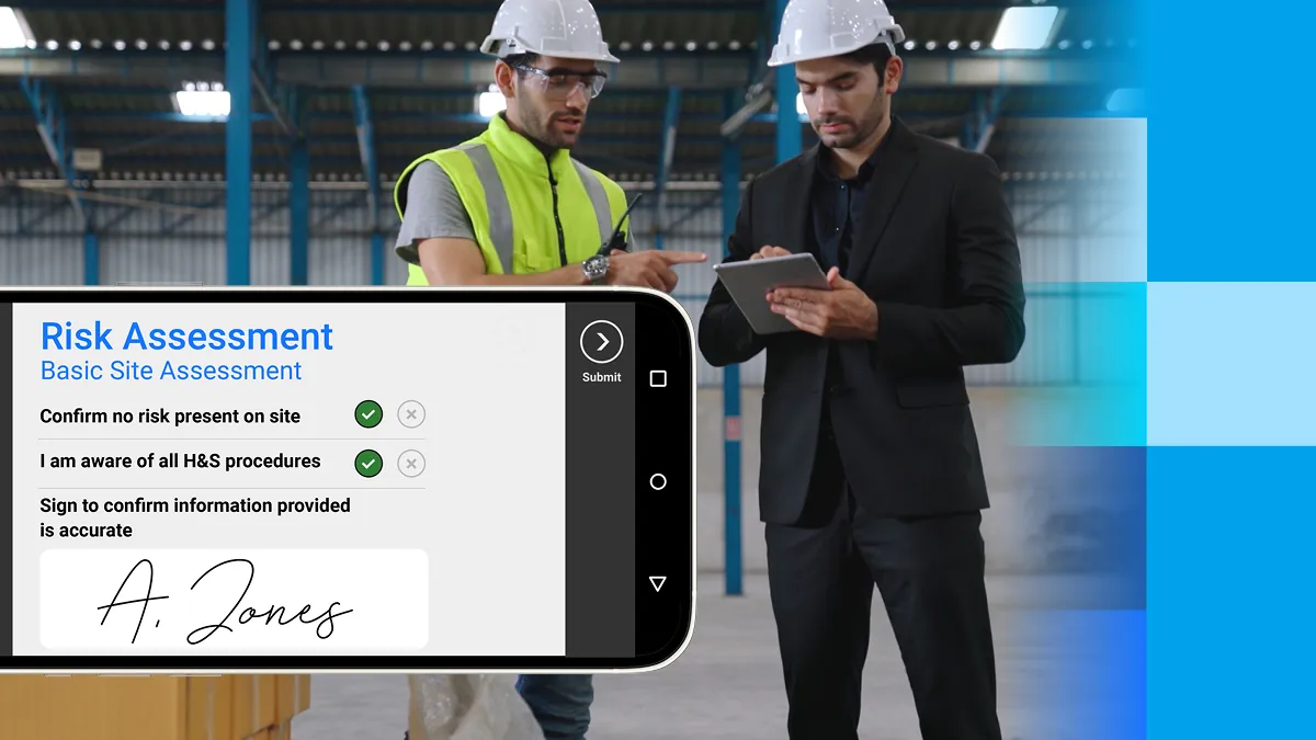 Field service engineer completing a digital workplace risk assessment before a job