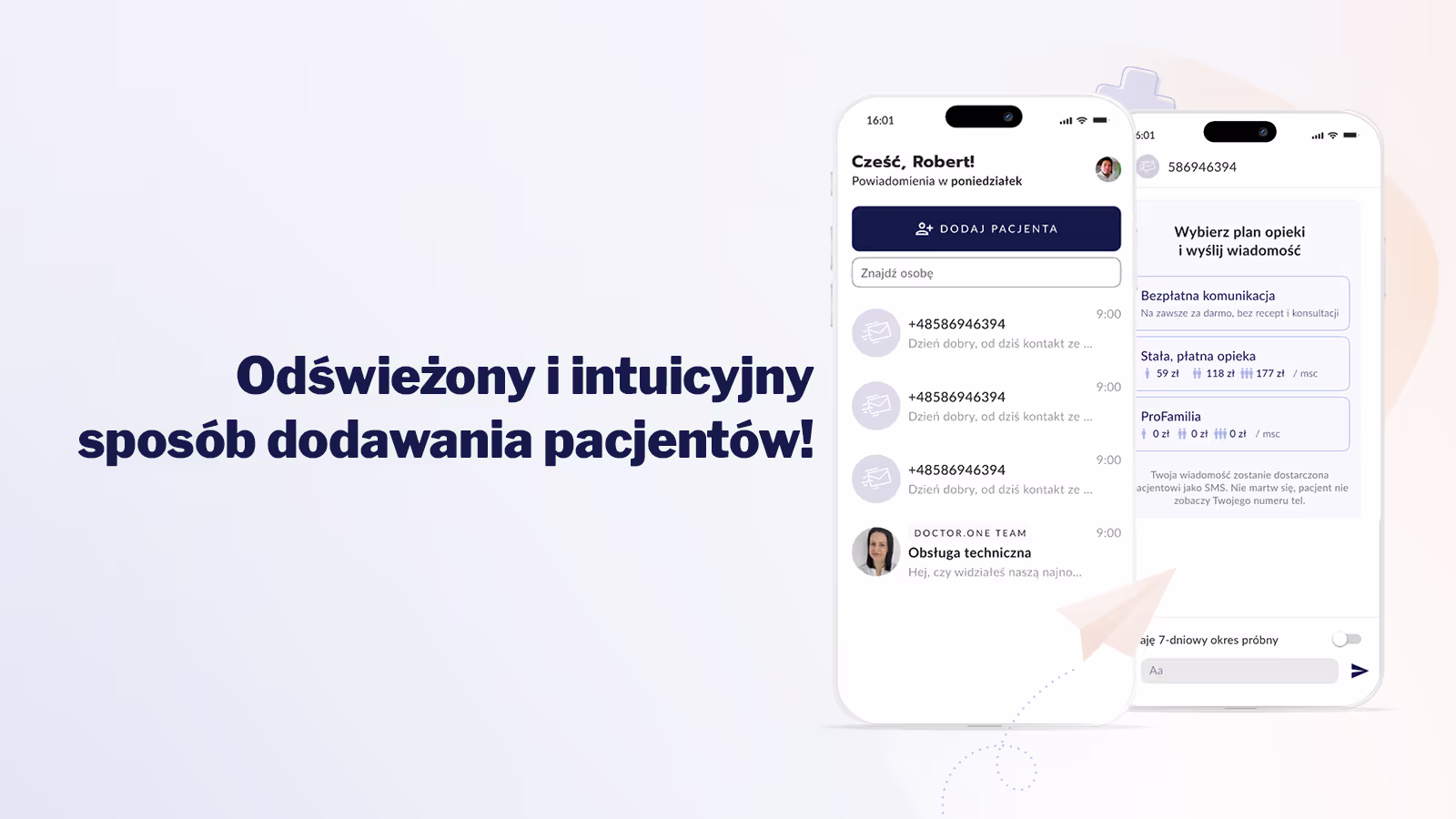 Ilustracja przedstawiająca ekran smartfona z aplikacją Doctor.One do wyboru badań medycznych. Widoczna jest lista badań, takich jak 'Białko C' i 'APC - odporność na aktywne białko C', oraz pasek wyszukiwania.