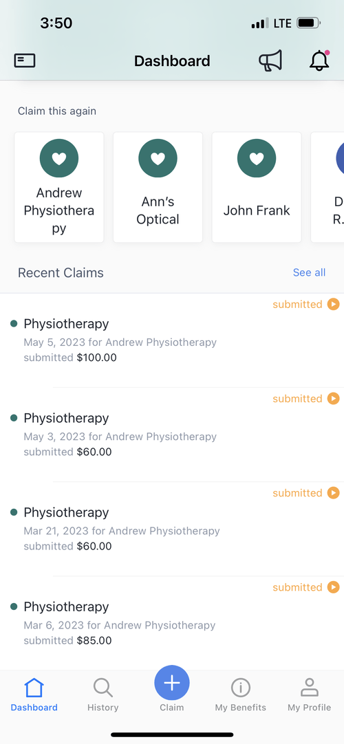 Image showing recent claims in dashboard.