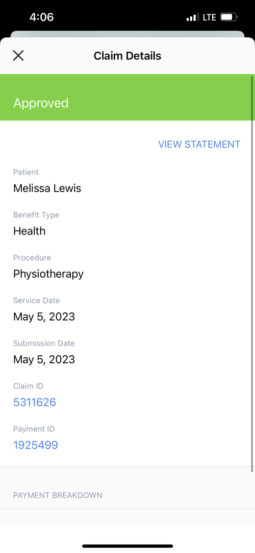 Image showing claim with a status of approved.