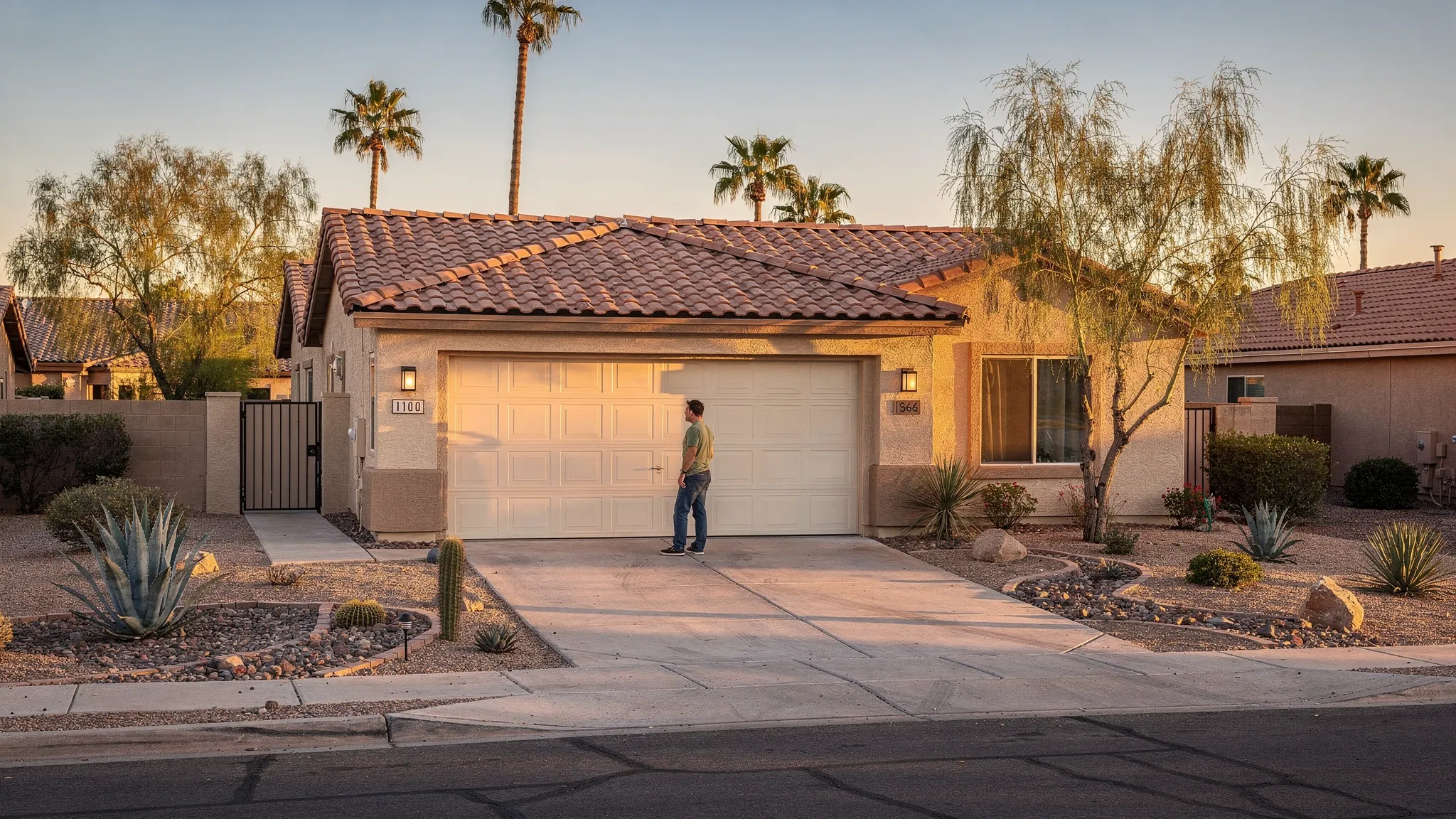 A realistic suburban Phoenix home with a closed two car garage door, early evening light, a calm homeowner standing a few feet away looking concerned, no tools visible, clean driveway and typical desert landscaping.