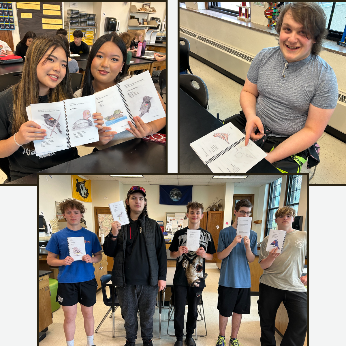Collage of photos. Students hold up copies of the bird book; pages show illustrations of birds and short poems.