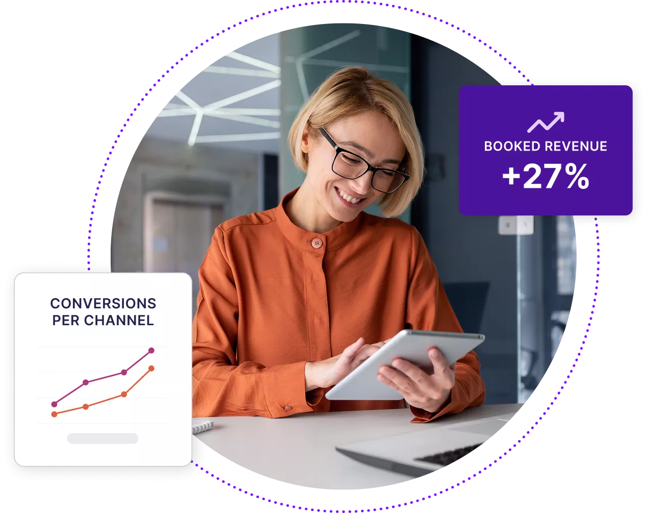 Woman sitting at desk, using her iPad