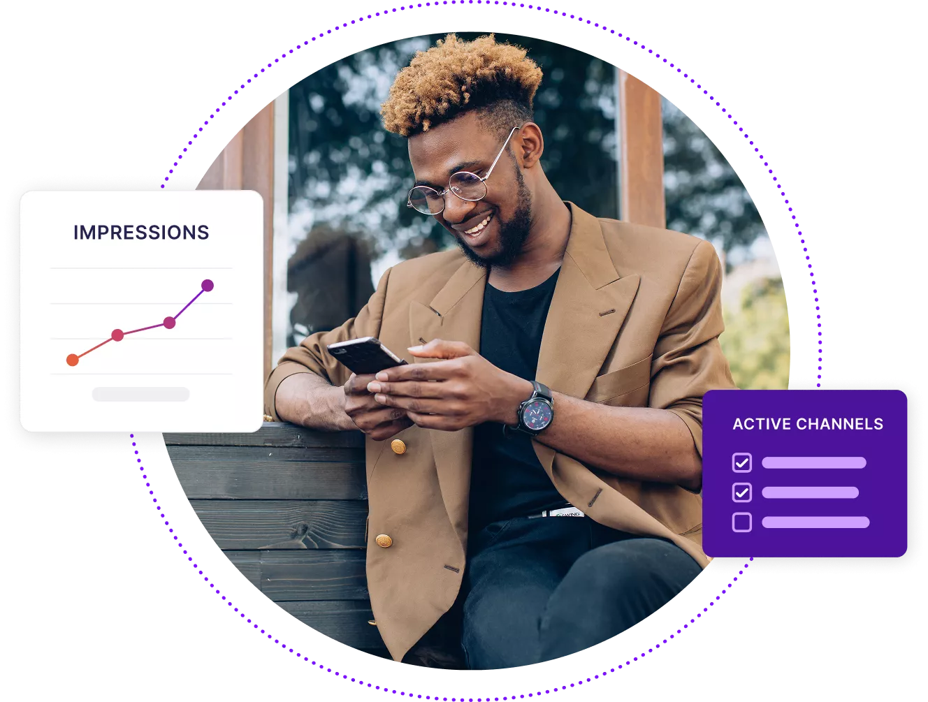 Young black man on bench looking at a mobile device