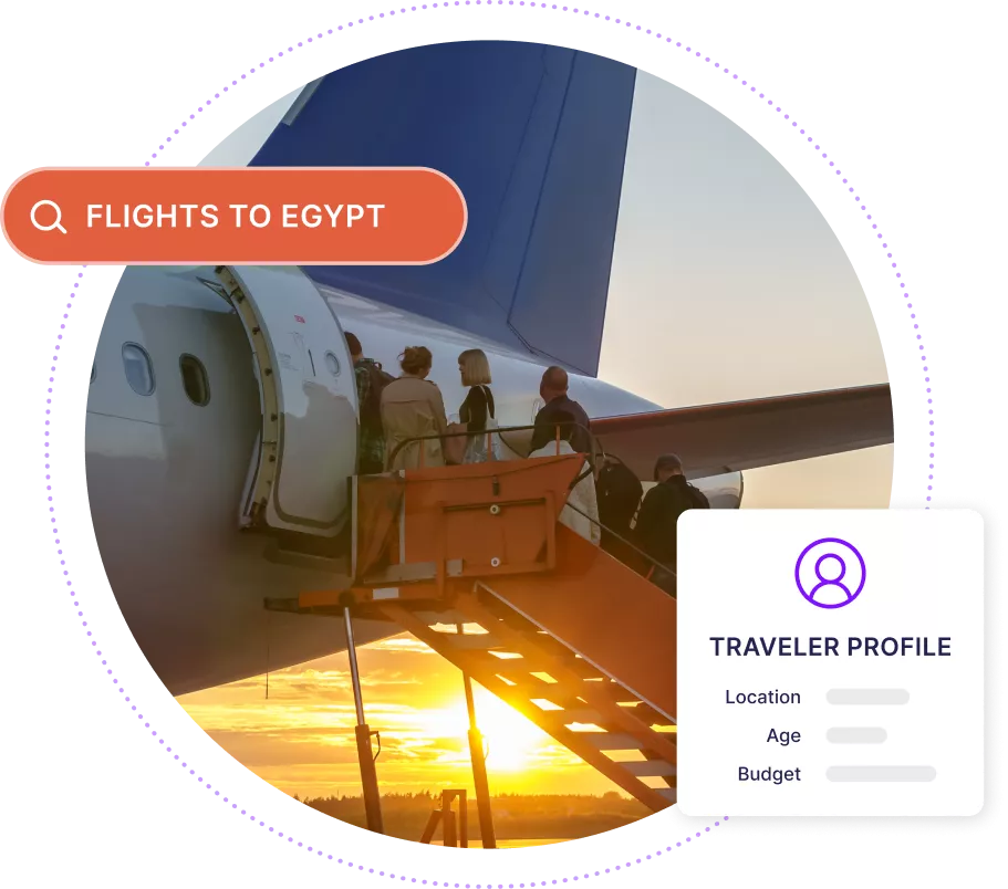 Graphic showing people boarding a plane along with stylized search box for Cairo, Egypt and a Traveler Profile abstract graphic