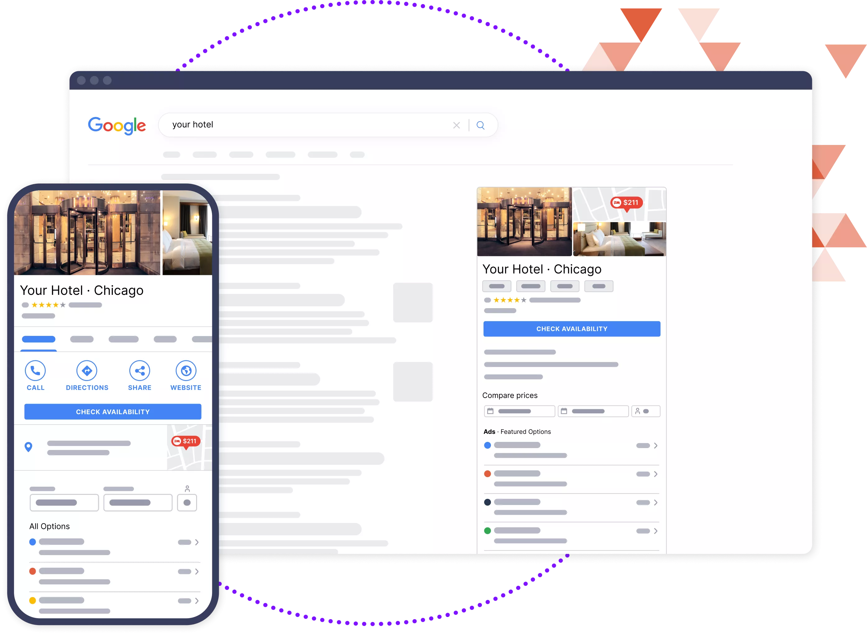 Web and mobile mockups of metasearch ads