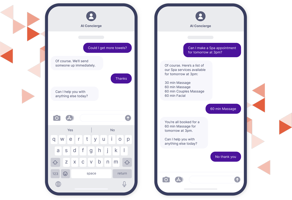 Mockup of two cell phones showing AI text exchange with Hotel Smart Concierge