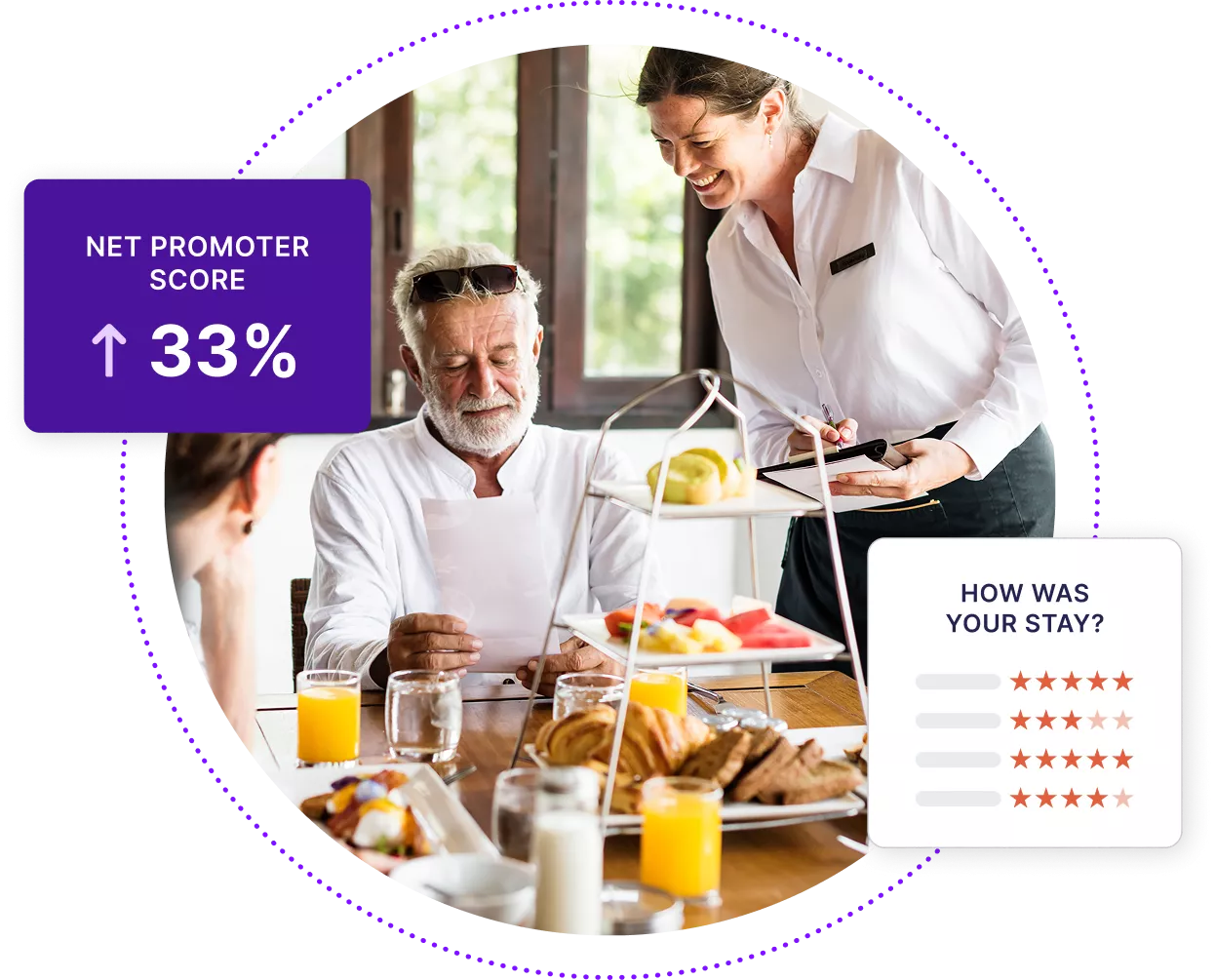 Hotel waiter laughing and serving elderly man