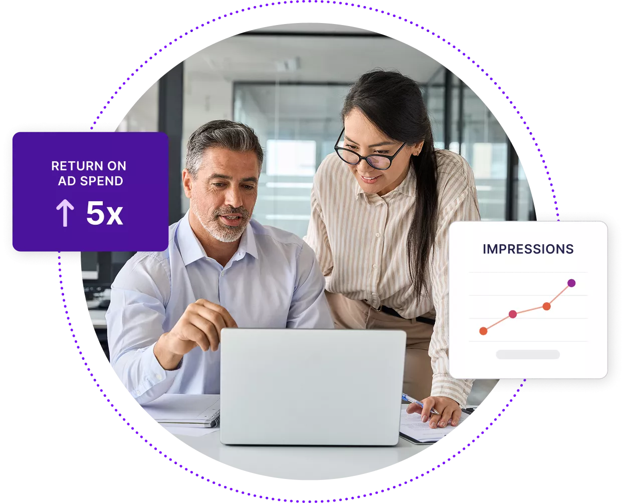 Two businesspeople discussing something over a laptop