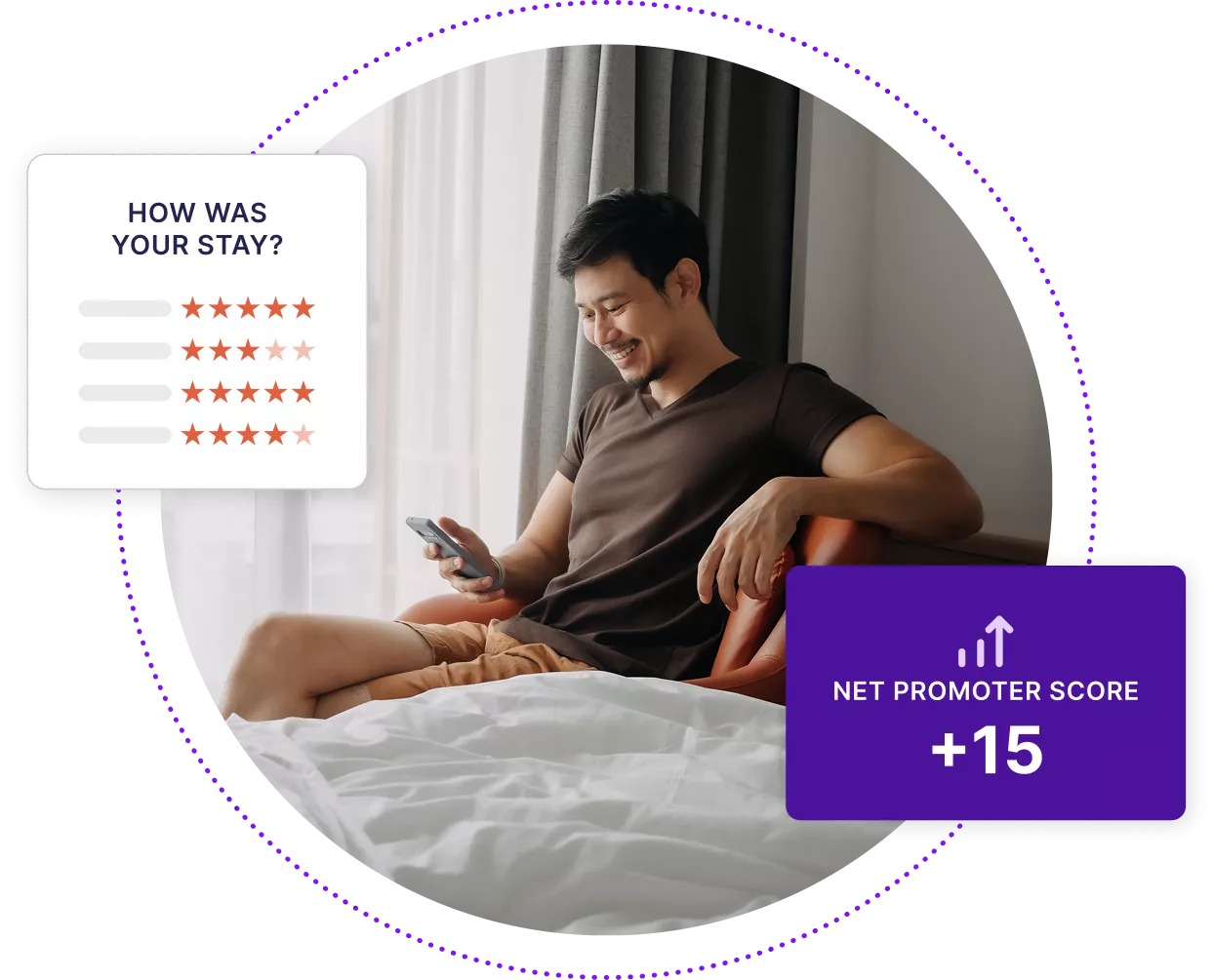 Smiling man in hotel room looking at his phone