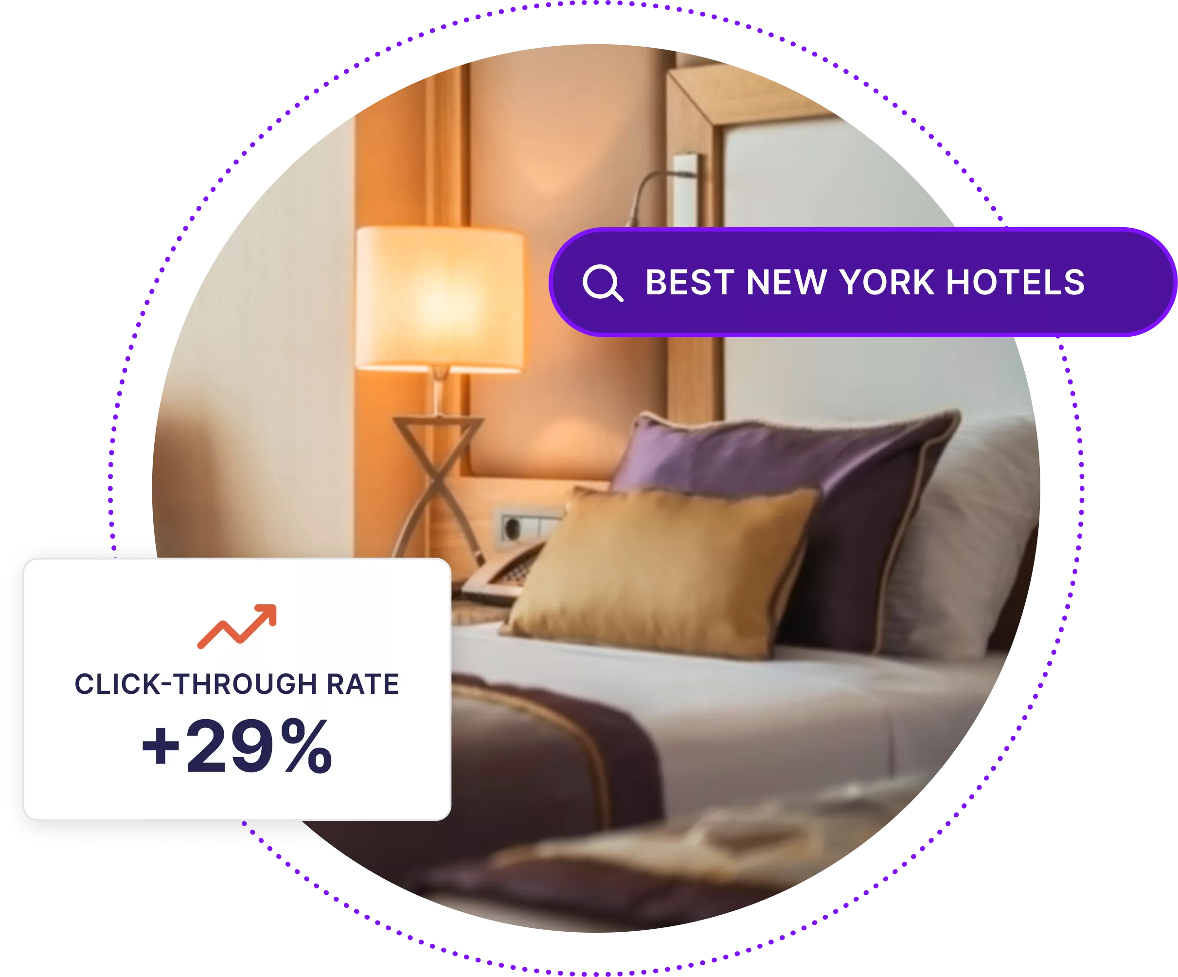 Interior of hotel room with boxes showing increased clickthrough rate and web search bar for Best New York Hotels