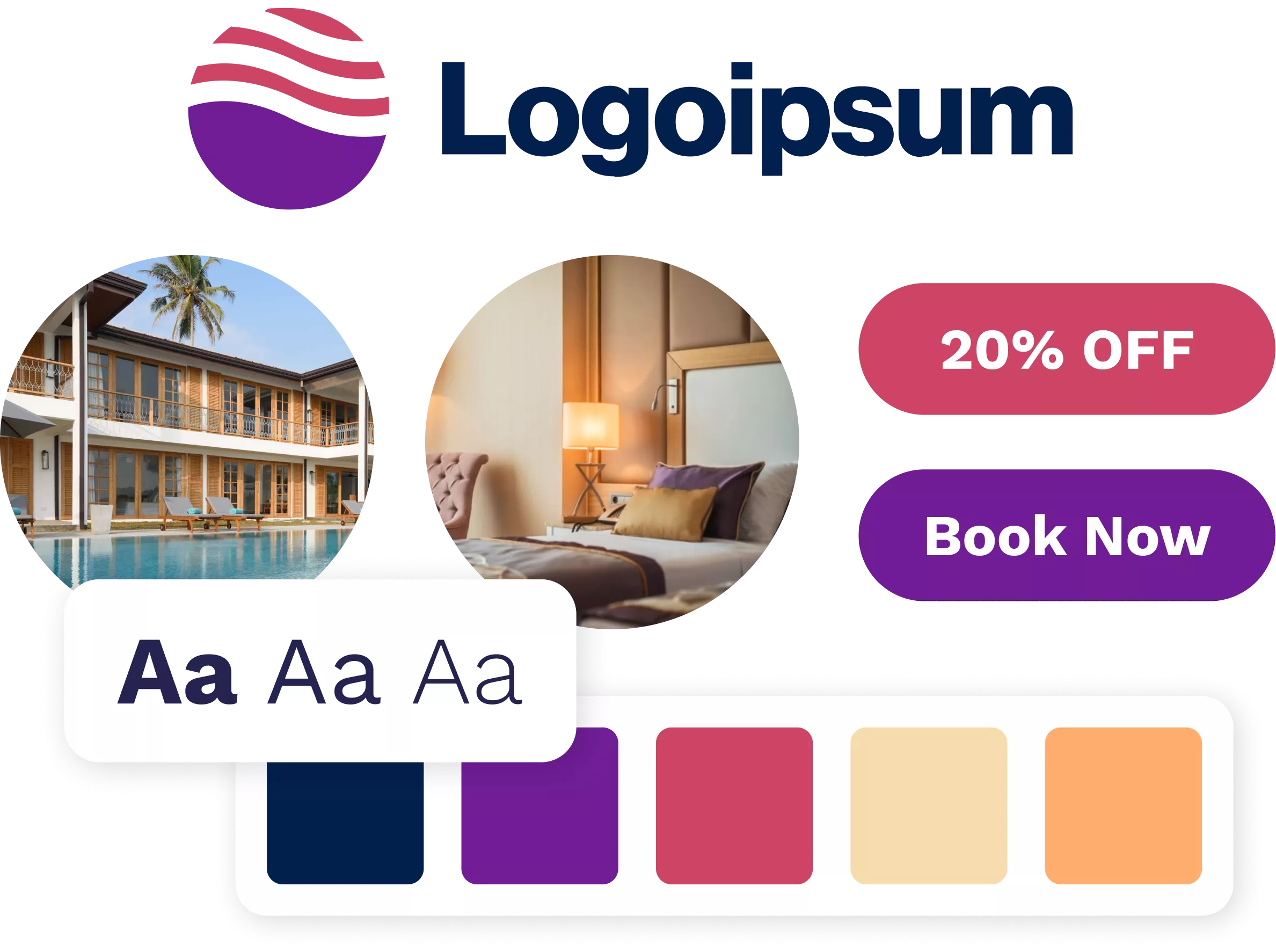 Brand identity kit, including sample logo, color swatches, photos, and fonts