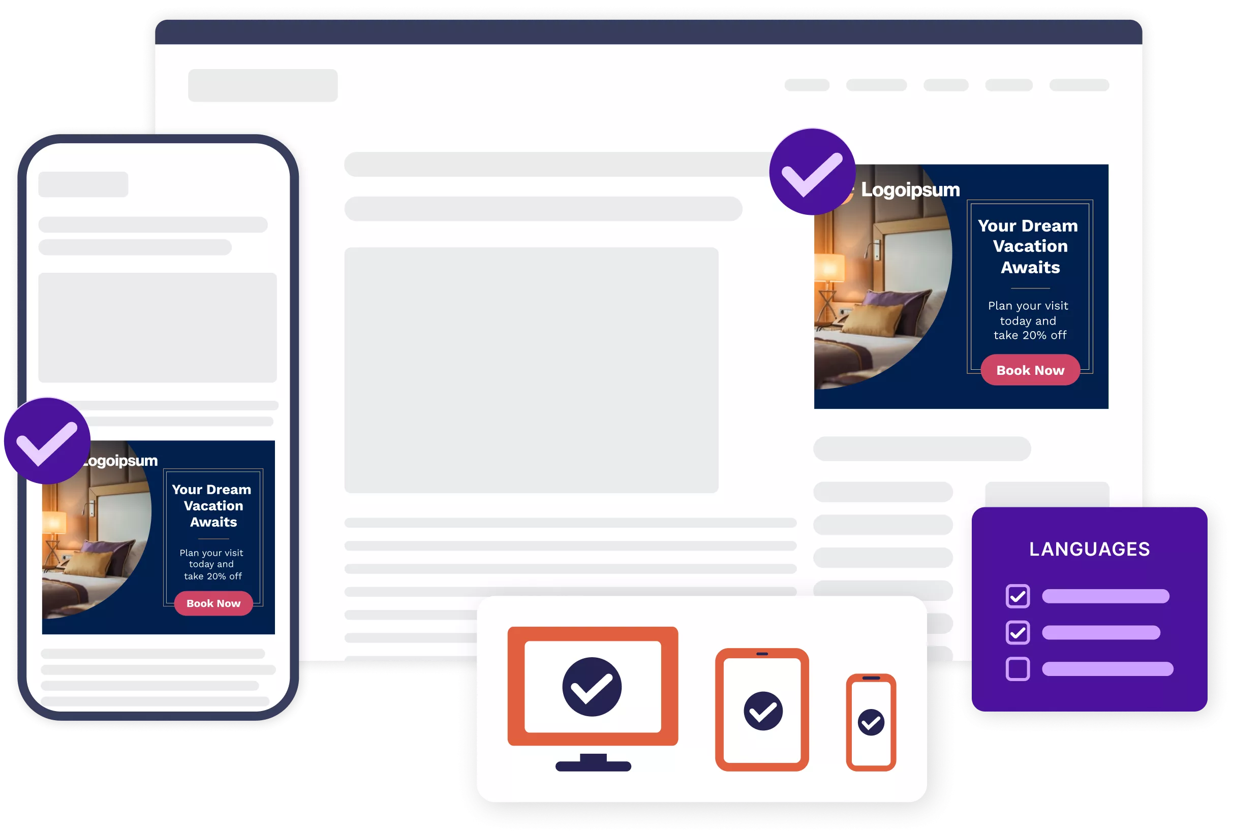 Mockup of hotel display ads on mobile and desktop with prelaunch checklists