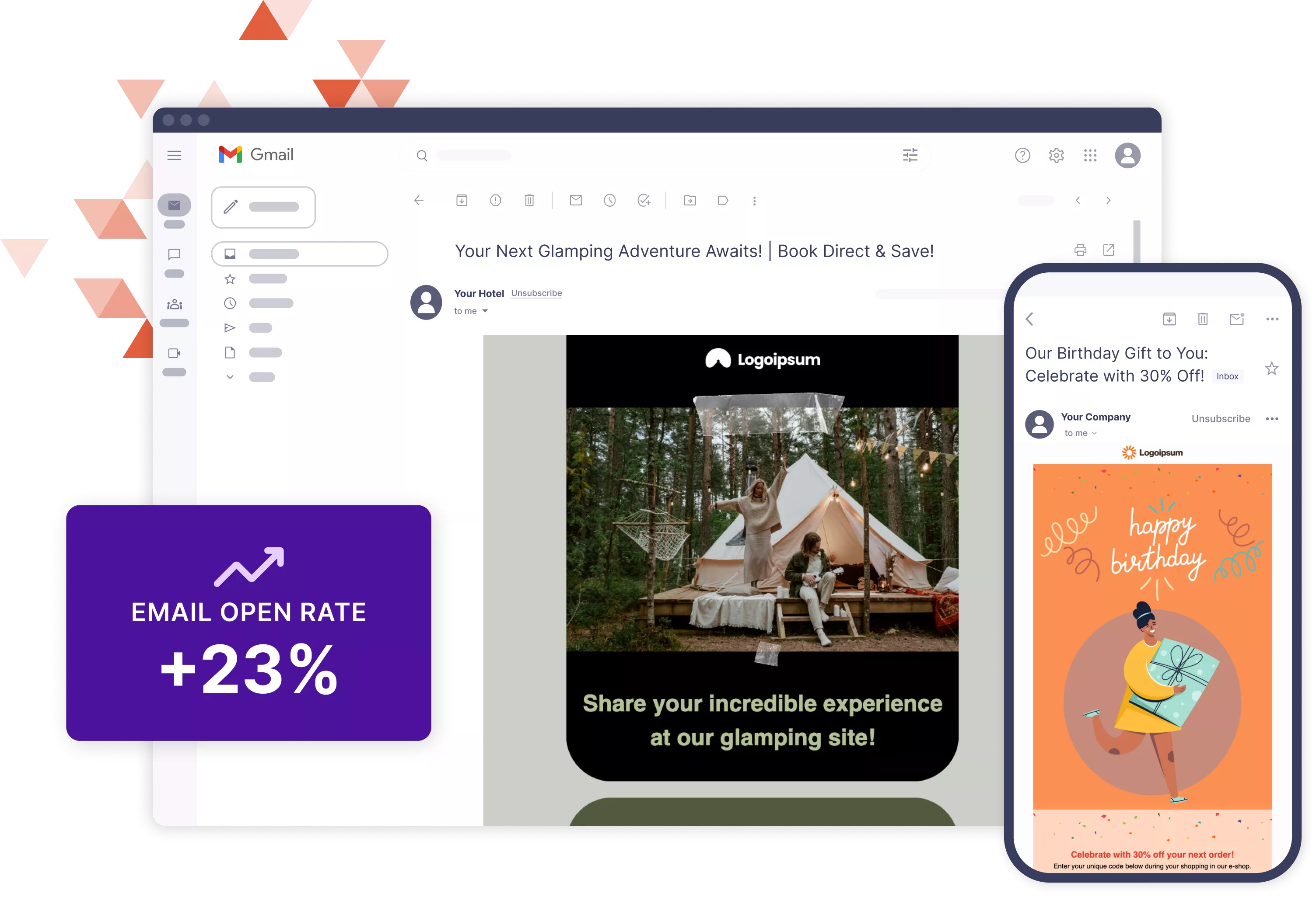 Mockup of web browser and mobile device with email templates
