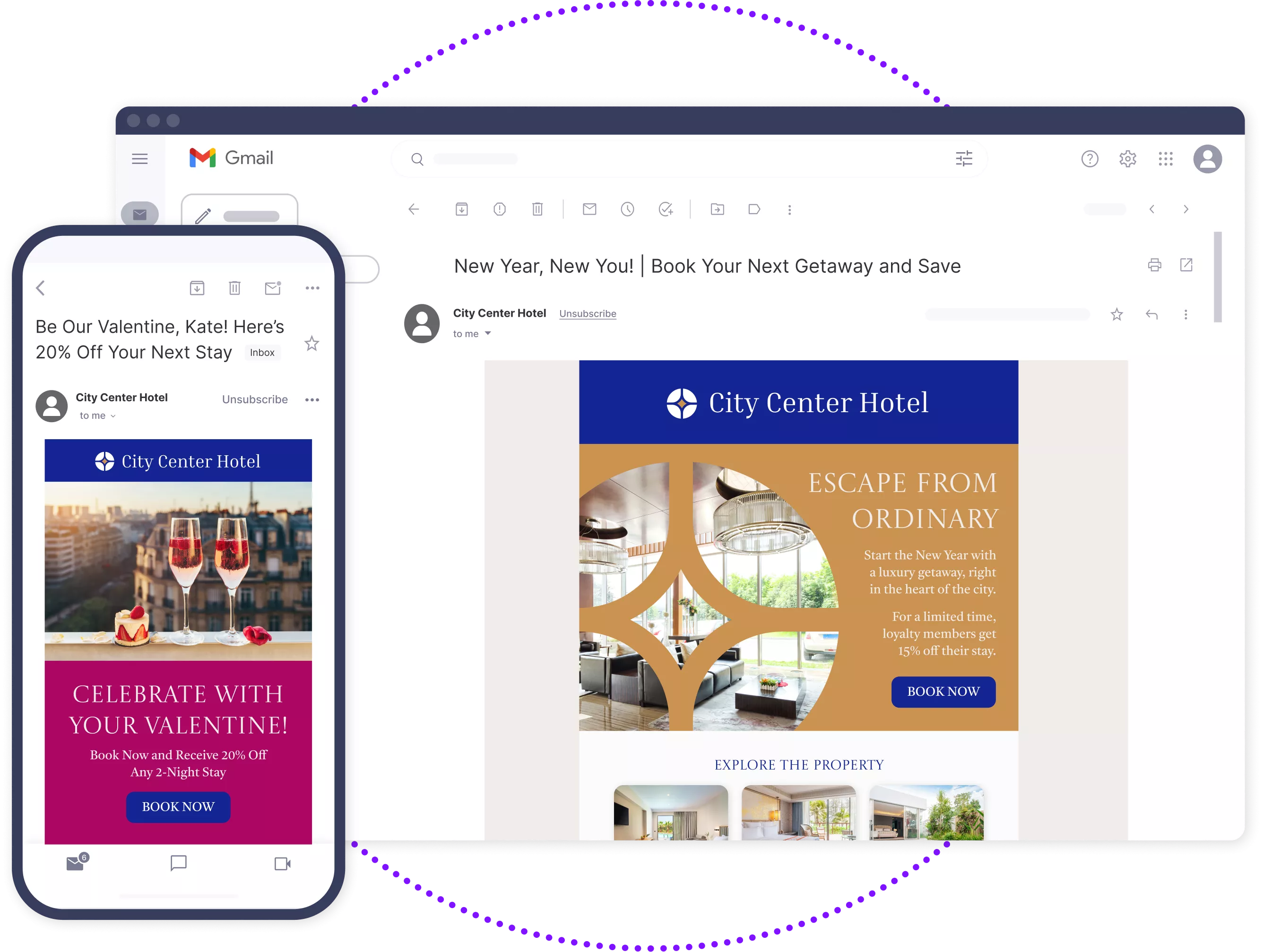Mockups of phone and desktop loyalty emails from hotel