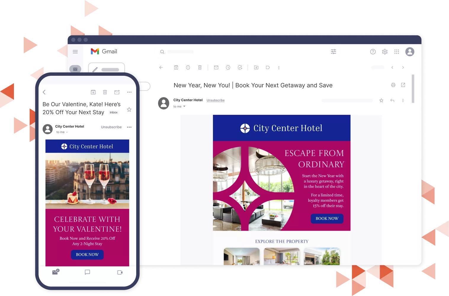 Mockups of phone and desktop loyalty emails from hotel