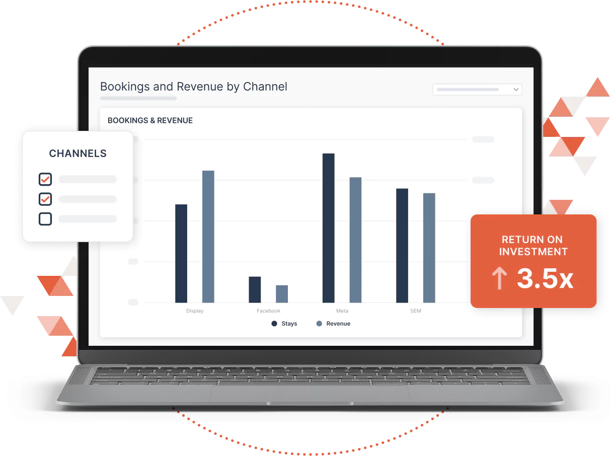 Laptop showing a dashboard of campaign performance metrics on the Sojern Travel Ad Platform