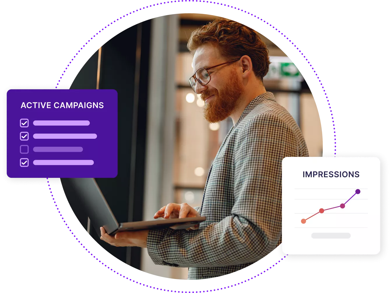 Marketer looking at data on a laptop, showing a checklist with active campaigns and a graph showing rising impressions