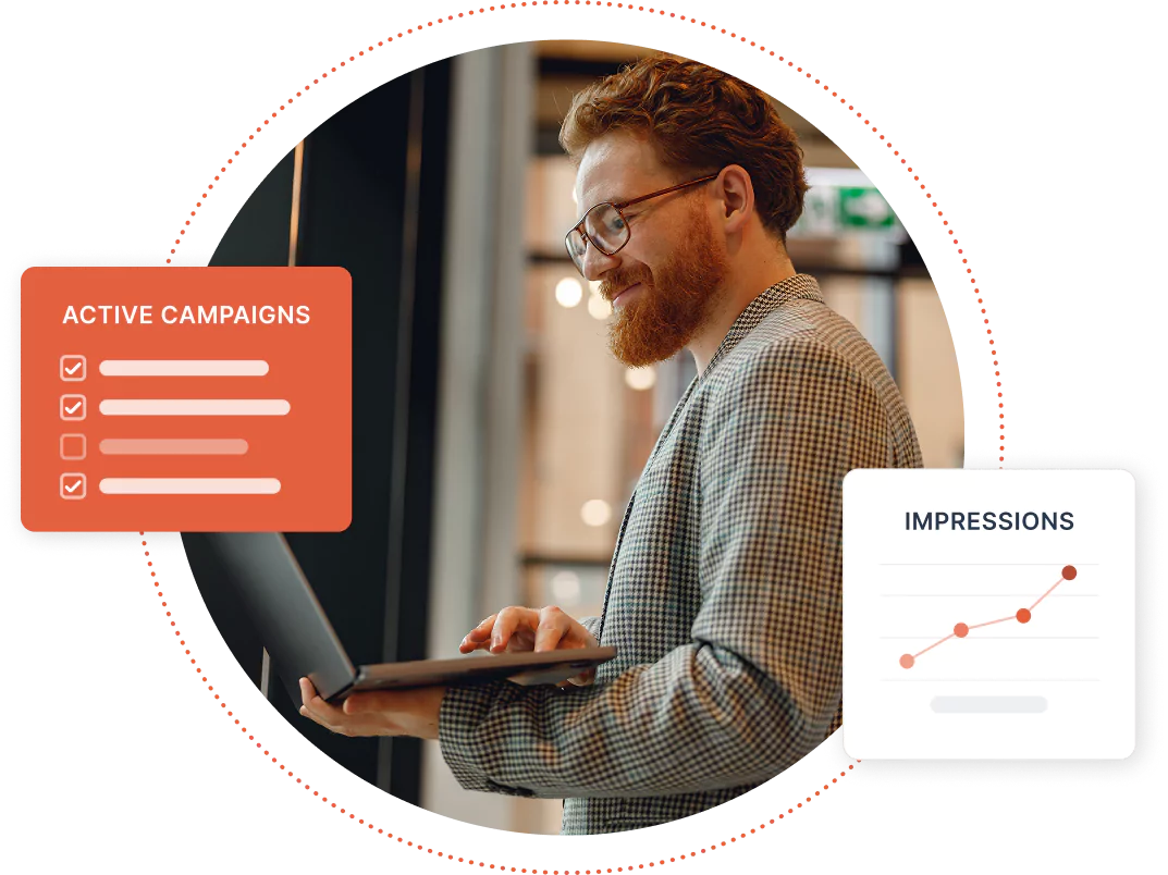 Marketer looking at data on a laptop, showing a checklist with active campaigns and a graph showing rising impressions