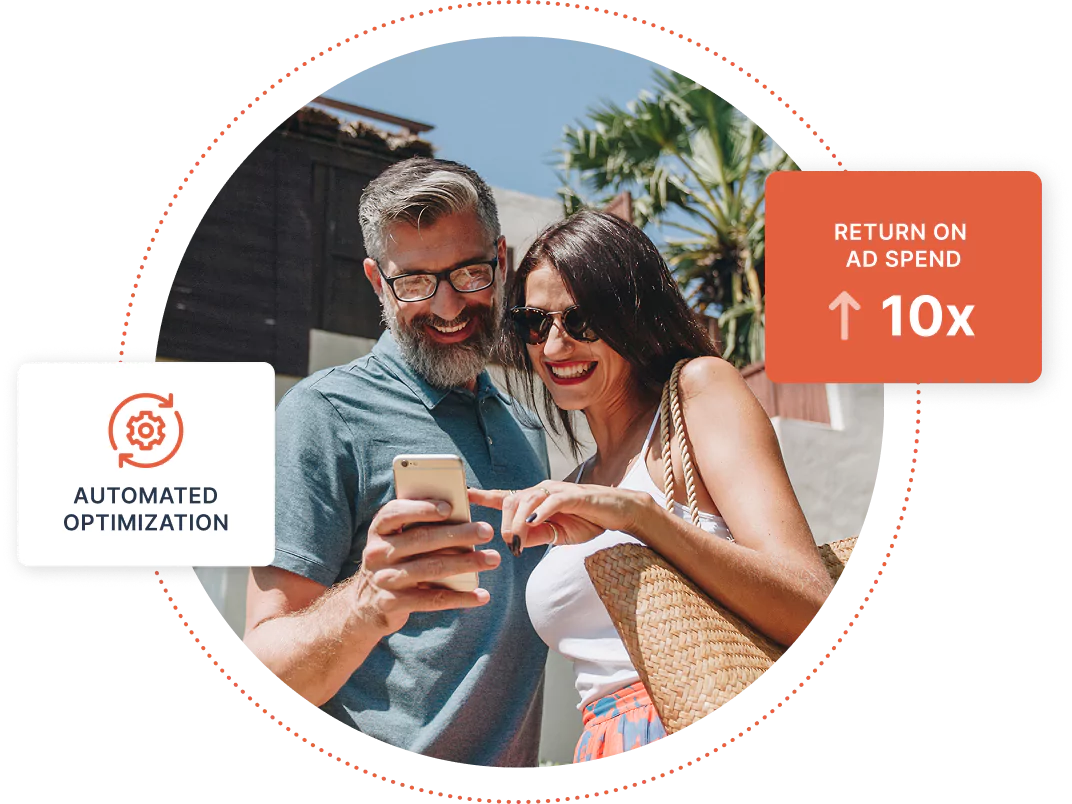 Two middle-aged travelers smiling and looking at a mobile device, with a box showing 10x return on ad spend