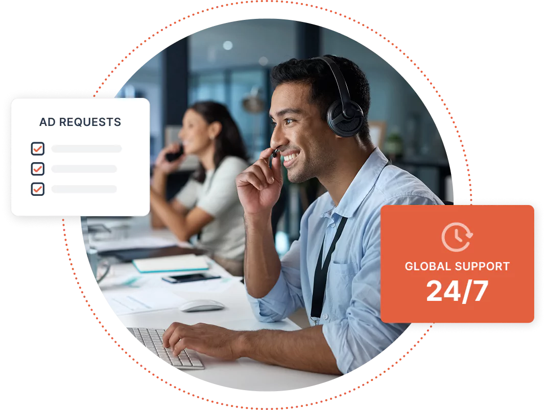 A customer support person with a headset smiling and looking at a computer, with boxes showing completed ad requests and 24/7 global support