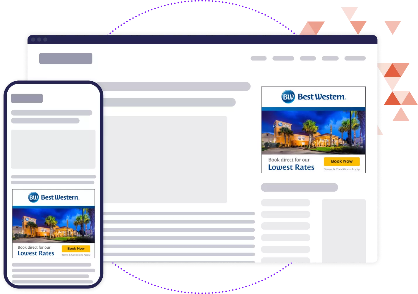 Mockup of desktop and mobile browser showing Best Western branded display ads