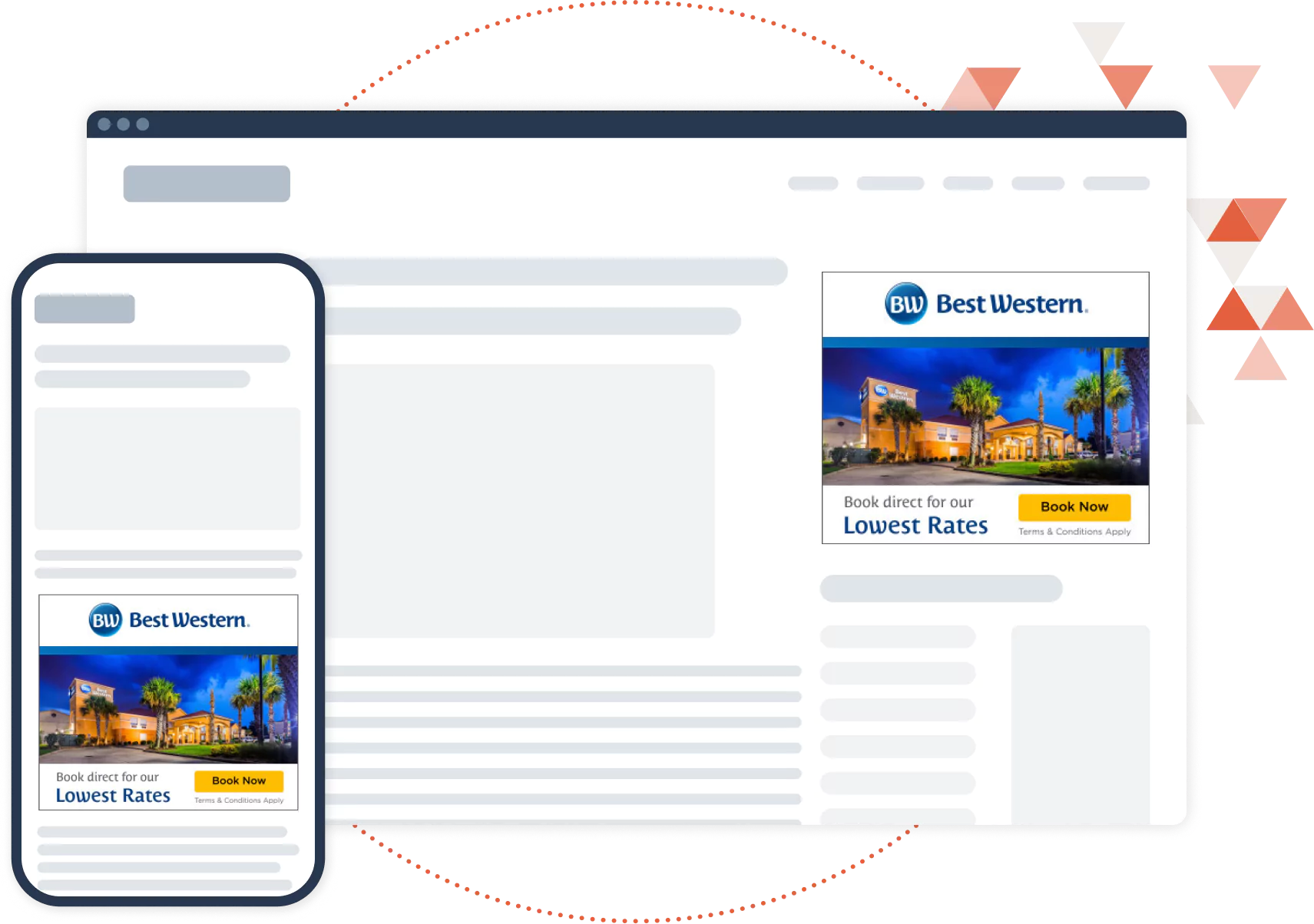 Mockup of desktop and mobile browser showing Best Western branded display ads