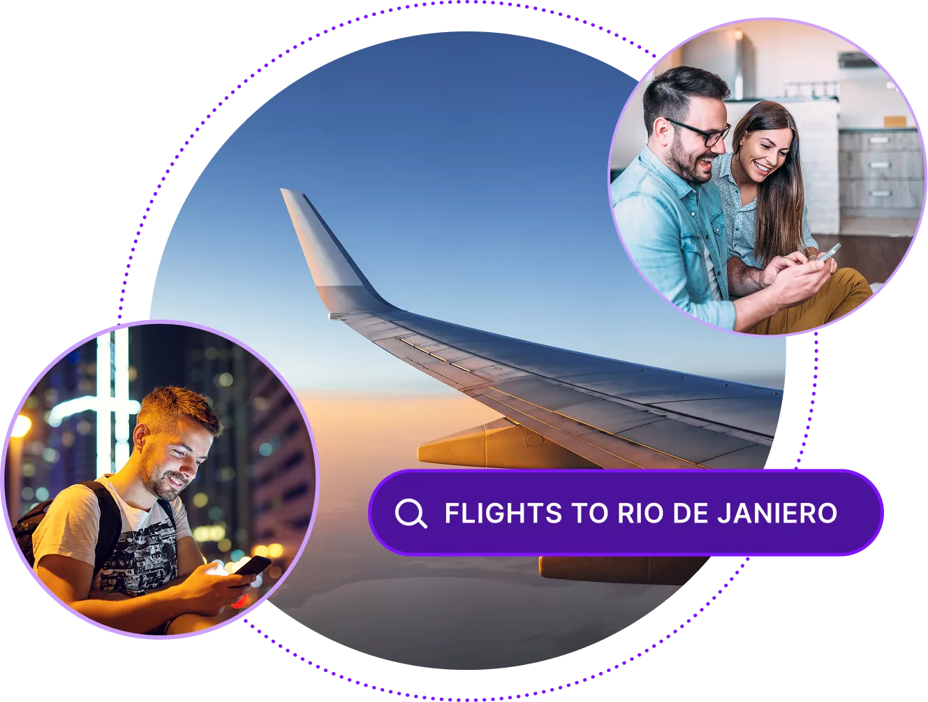 View from an airplane window, with images of people using devices and a search bar for "Flights to Rio de Janiero"