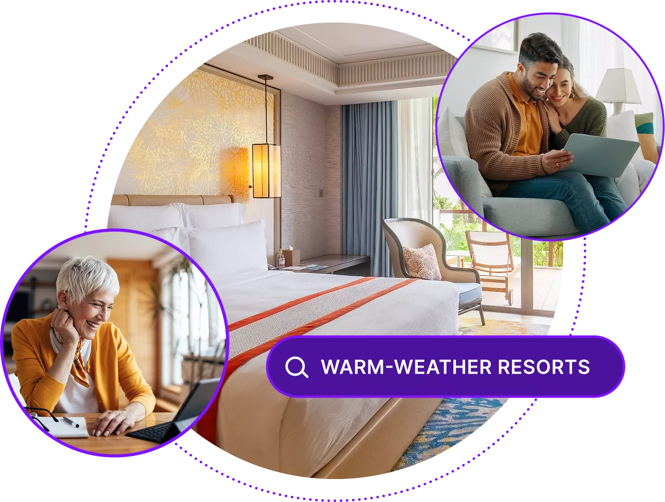 View of a luxury hotel room, with images of people using devices and a search bar for "Warm weather resorts"