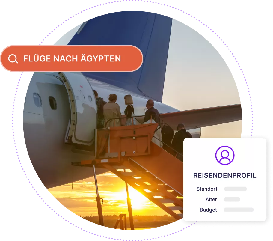 Grafik, die Personen zeigt, die in ein Flugzeug steigen, zusammen mit einem stilisierten Suchfeld für Kairo, Ägypten und einer abstrakten Grafik zum Reiseprofil