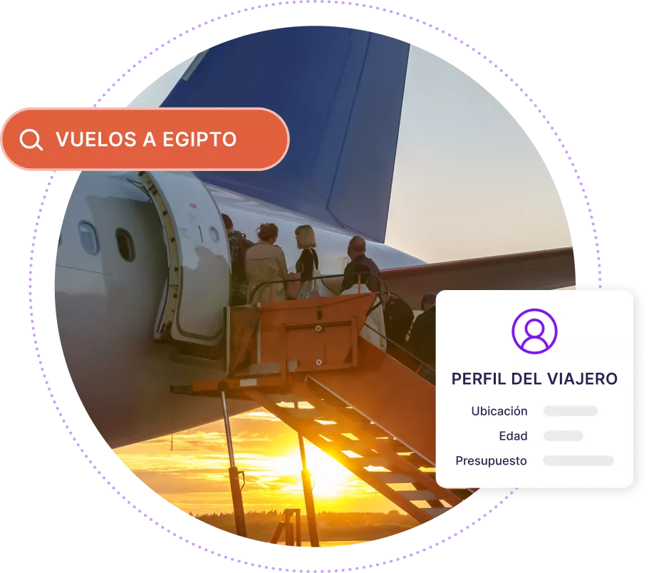 Gráfico que muestra a personas abordando un avión junto con un cuadro de búsqueda estilizado para El Cairo (Egipto) y un gráfico abstracto del perfil del viajero
