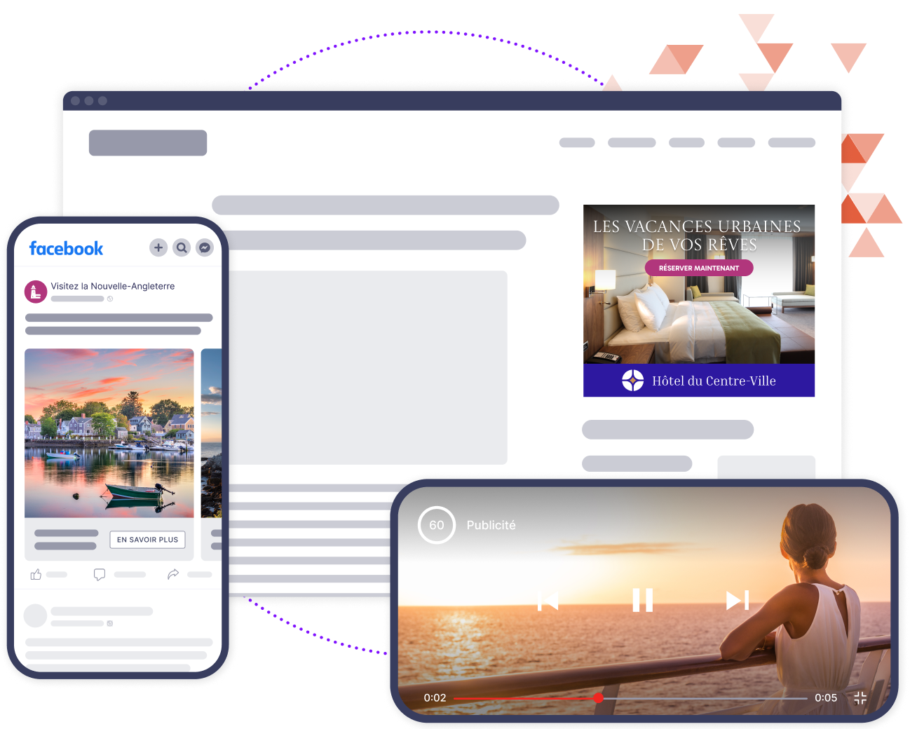 Maquettes d'un navigateur affichant une annonce display, d'un téléphone mobile diffusant une publicité Facebook et d'un téléphone mobile diffusant une annonce vidéo