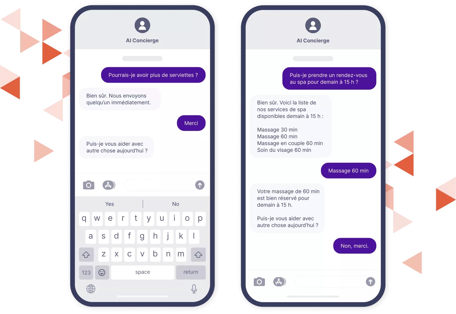 Maquette de deux téléphones portables montrant l'échange de texte par IA avec Hotel Smart Concierge