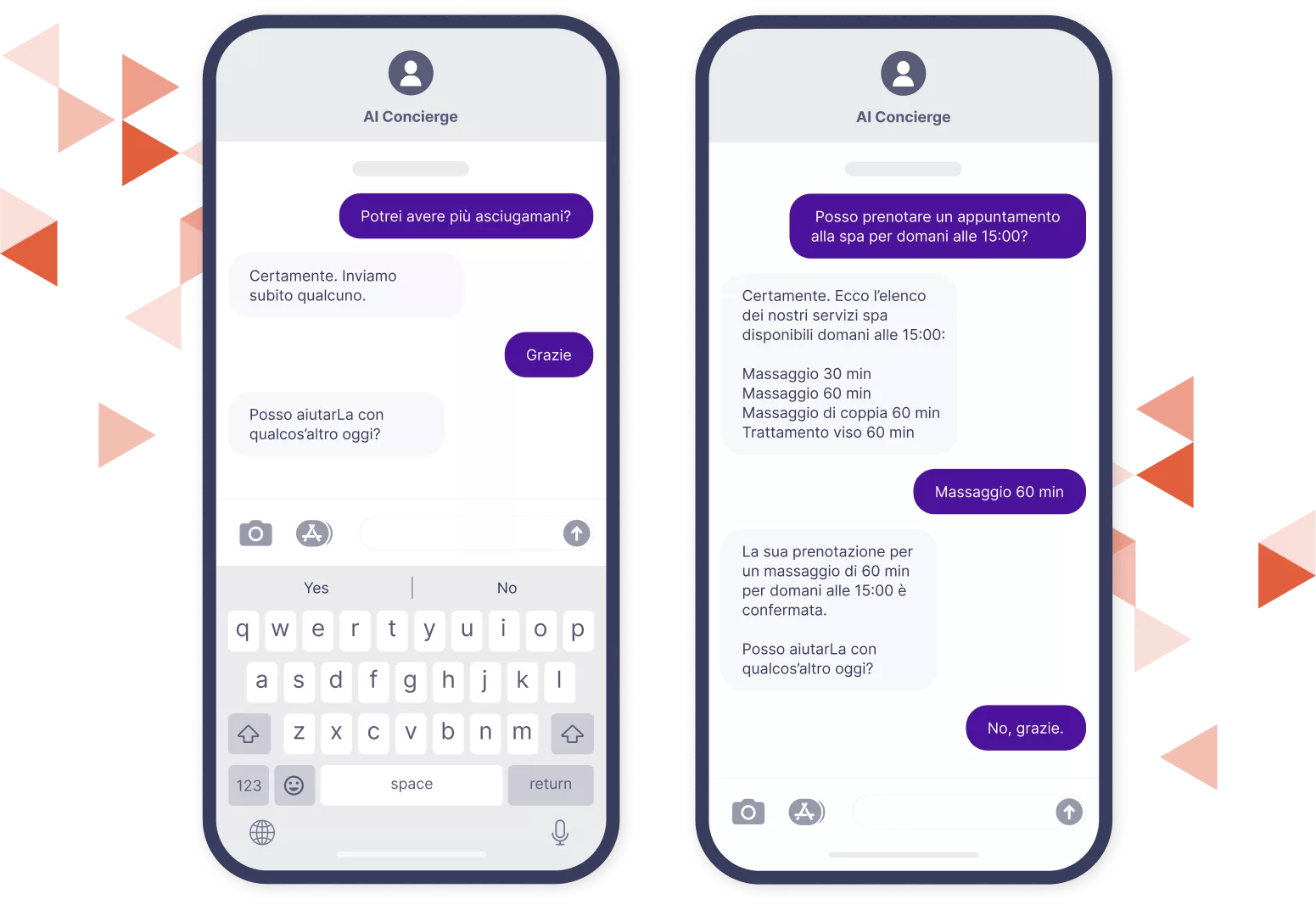 Mockup di due telefoni cellulari che mostrano lo scambio di testo AI con Hotel Smart Concierge