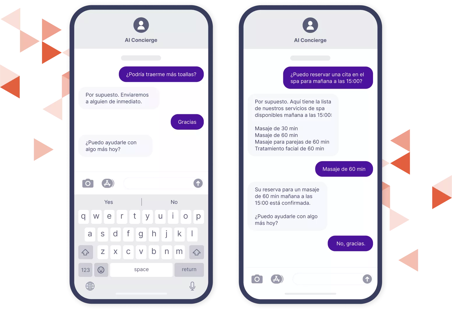 Maqueta de dos teléfonos móviles que muestran el intercambio de texto mediante IA con Hotel Smart Concierge