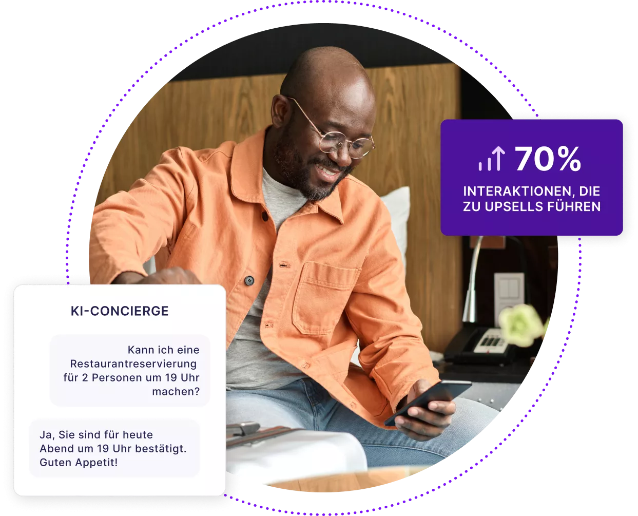 Ein Mann, der auf einem Hotelbett sitzt und auf seinem Mobilgerät mit AI Concierge interagiert