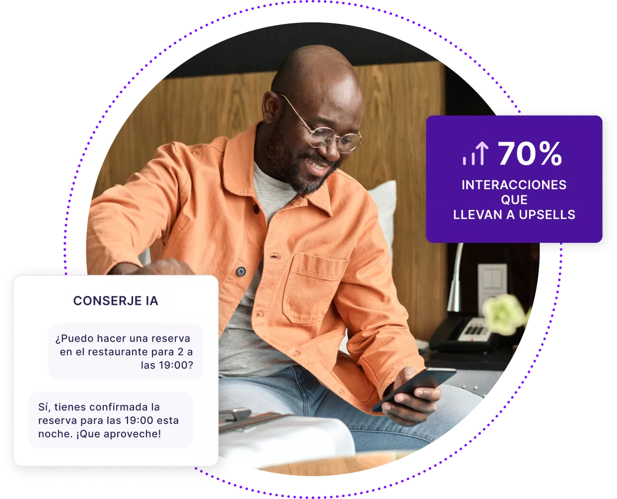 Un hombre sentado en la cama de un hotel interactuando con AI Concierge en su dispositivo móvil